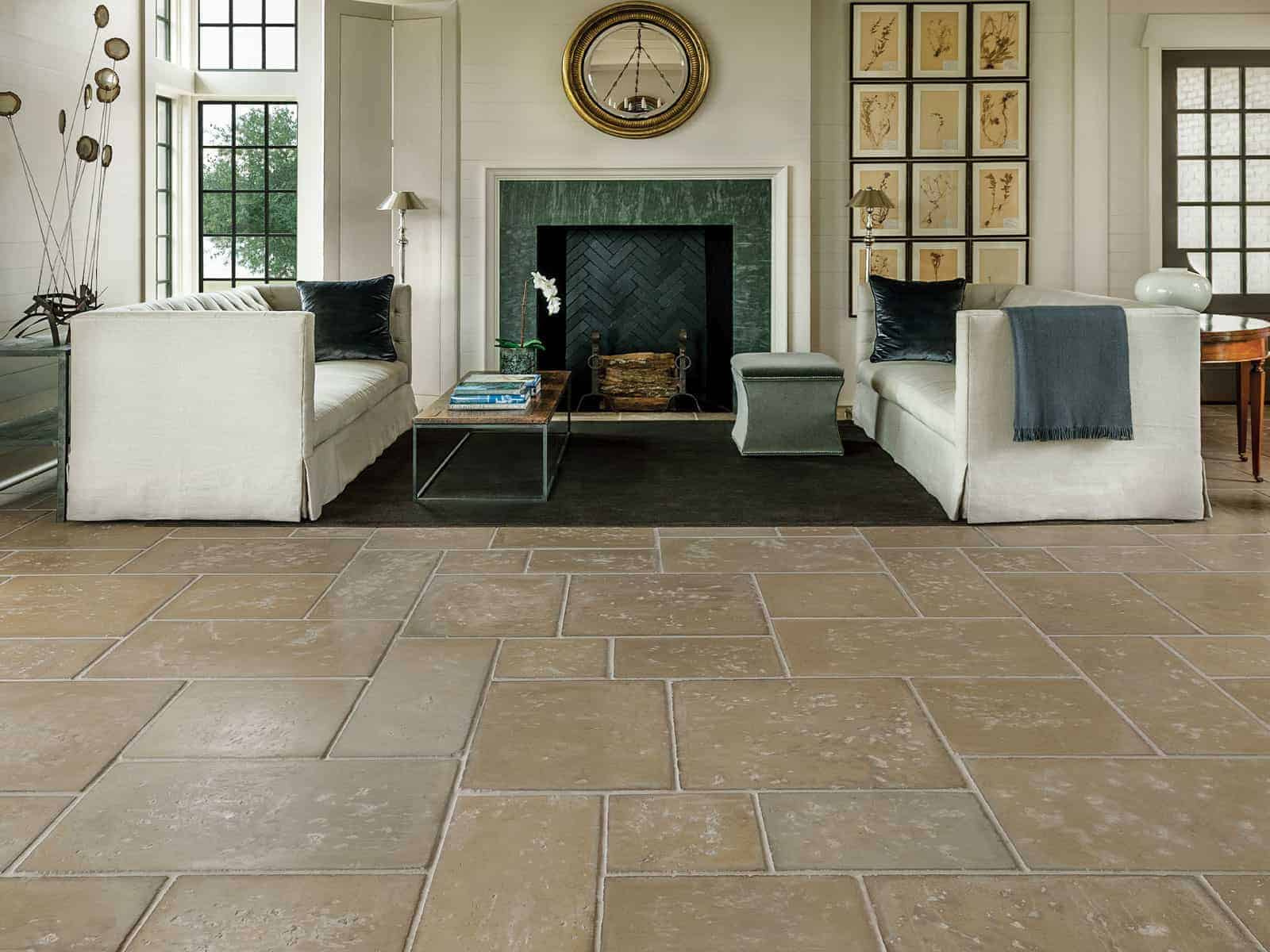 Concrete pavers in this Texas great room with buff color adds a sense of warmth