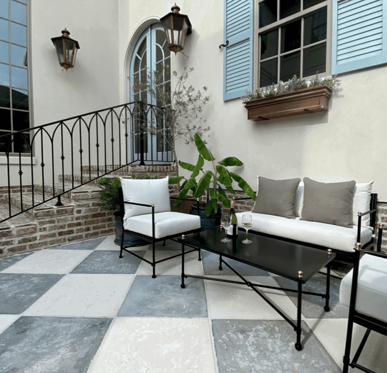 Peacock Pavers checkerboard flooring on a terrace.