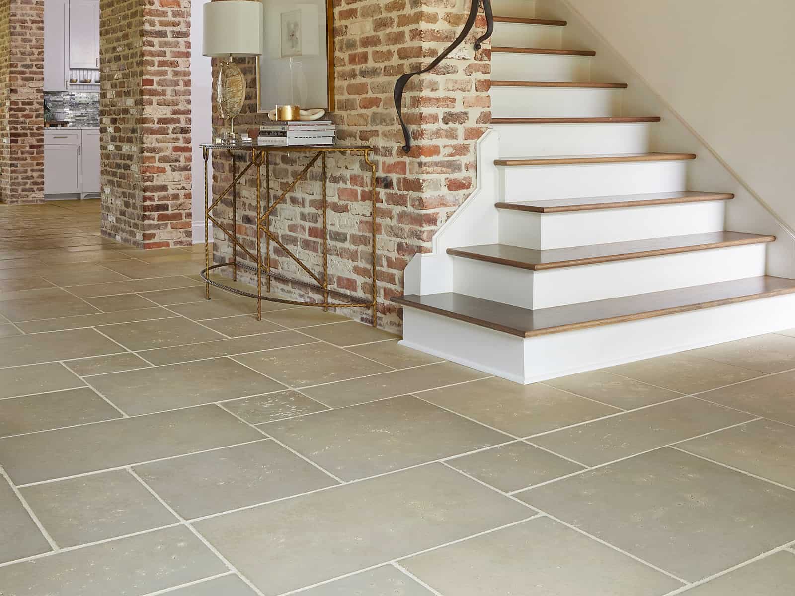 Oyster shell concrete pavers paired with "Chicago-style" brick walls