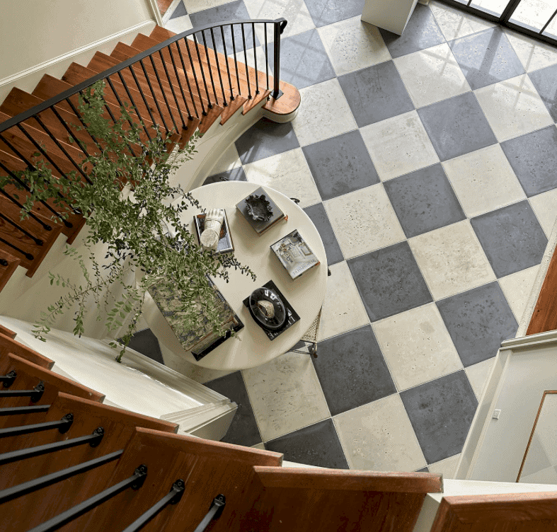 Peacock Pavers checkerboard floor in a stairwell.